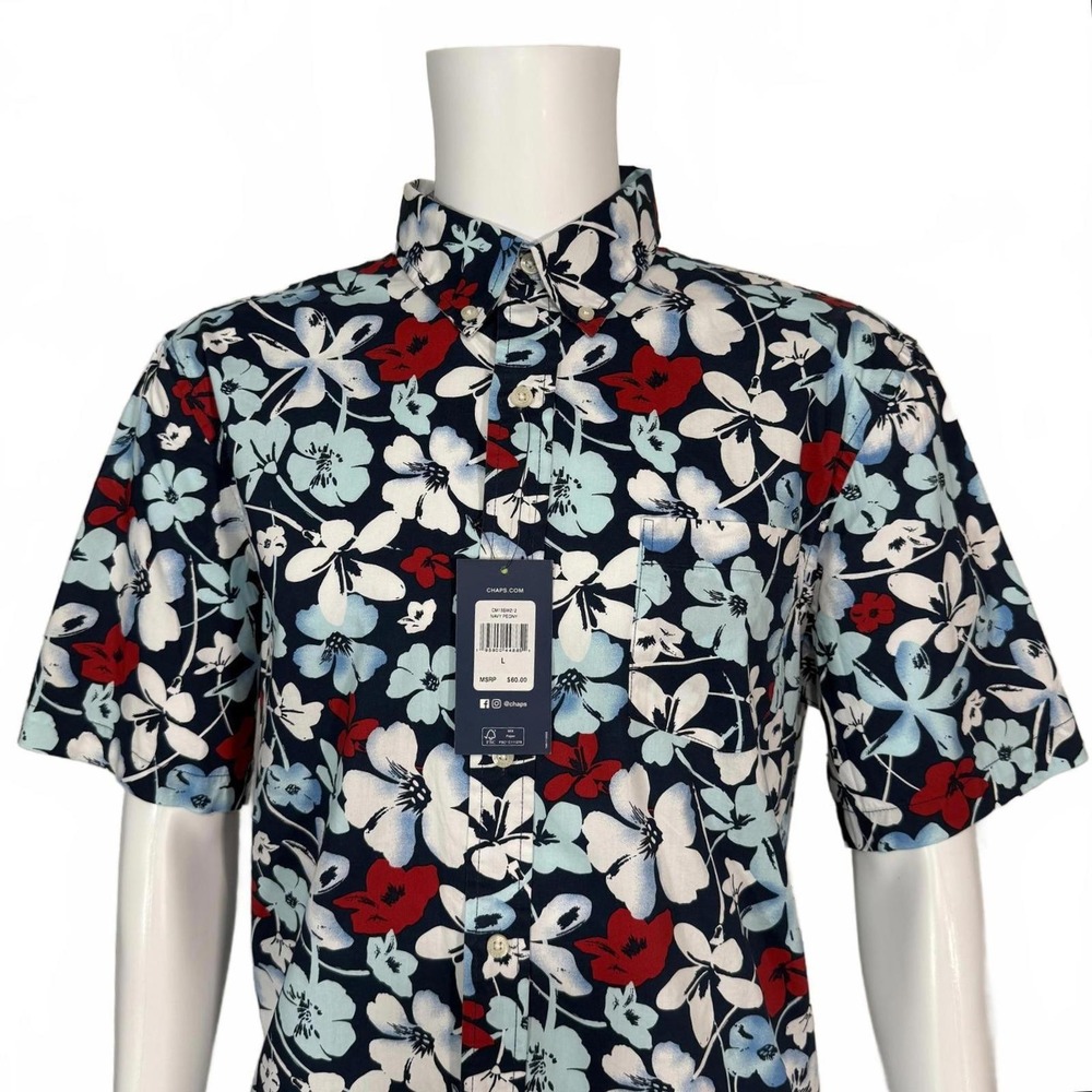 CHAPS Mens‎ Short Sleeve Button Down Shirt Floral Print Navy Blue Size Large